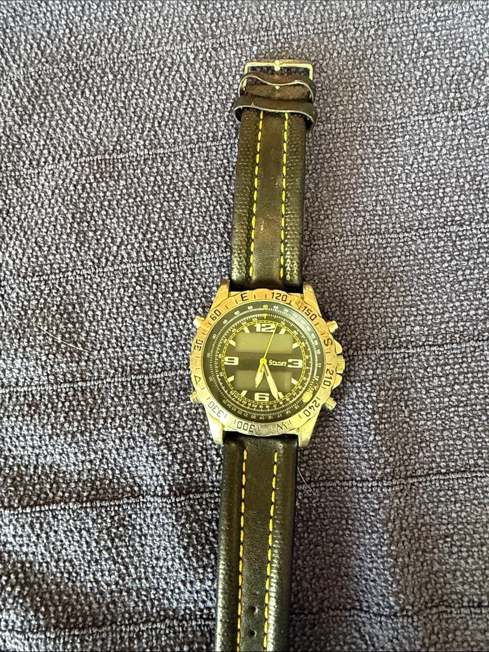 Men's Black and Yellow Stitch Leather Strap Watch - Unbranded